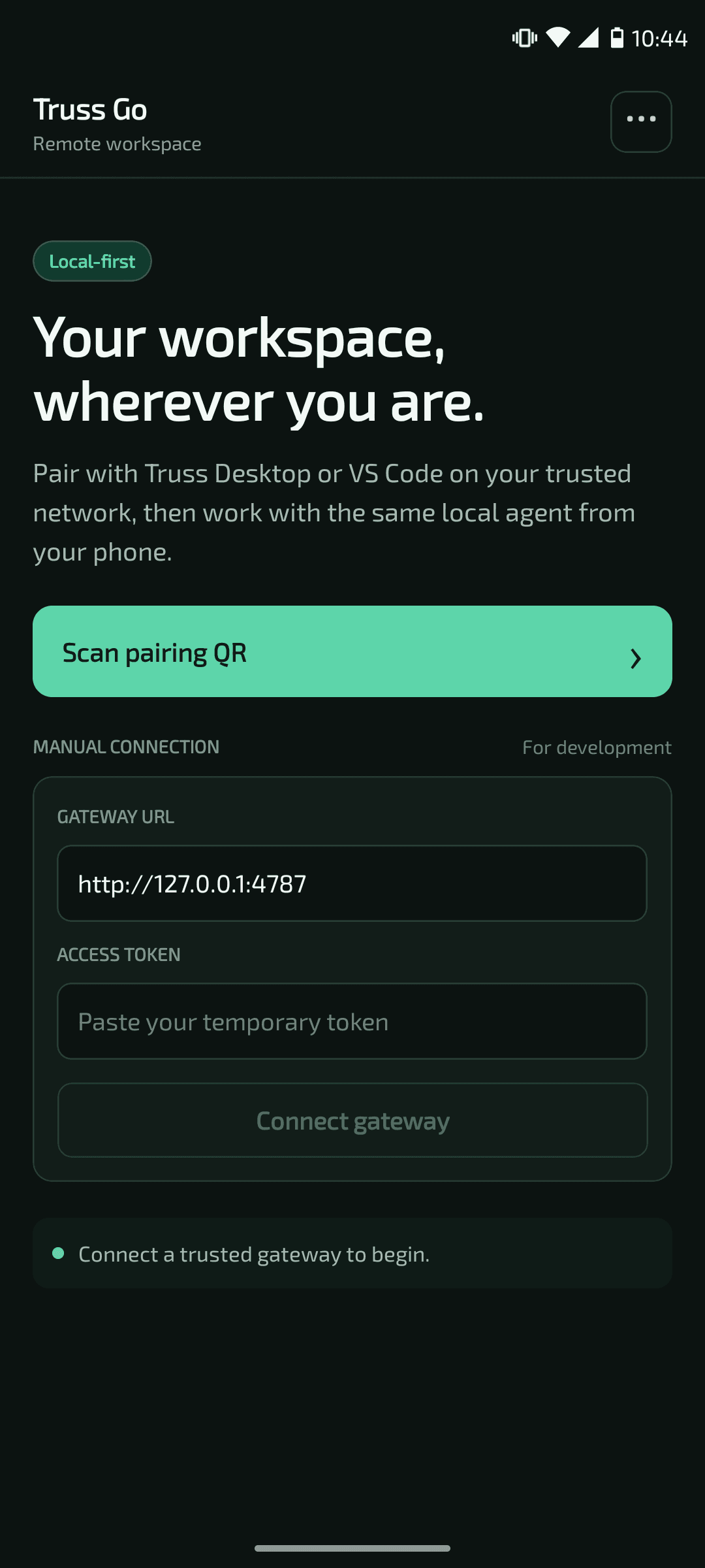 Truss Go home screen with QR pairing and manual gateway connection controls